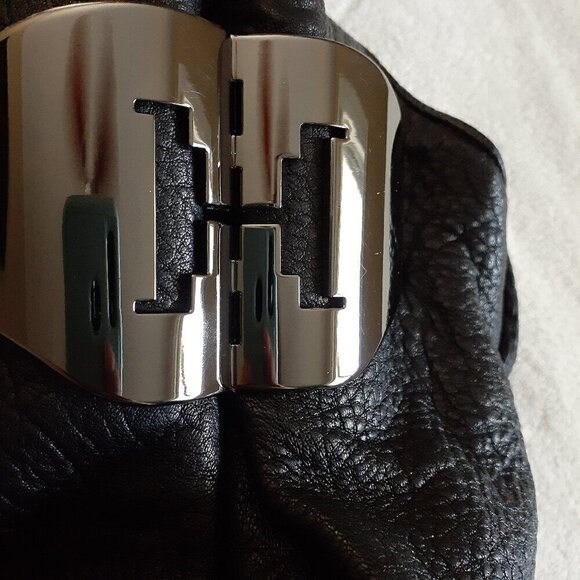 Halston Heritage Women's Black Pebbled Leather Metal Hinge Monogram Hobo Purse - Picture 5 of 15